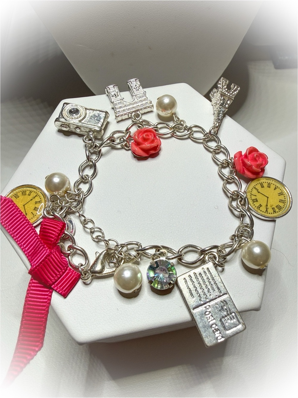 Claire's Silver Charm Bracelet with Pink Roses, Yellow Clocks & Pearl Accents